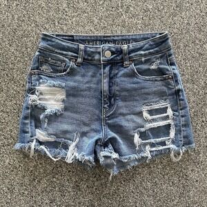 American Eagle Mom Shorts Women's 0 Denim Jean High Rise Distress Ripped Raw Hem